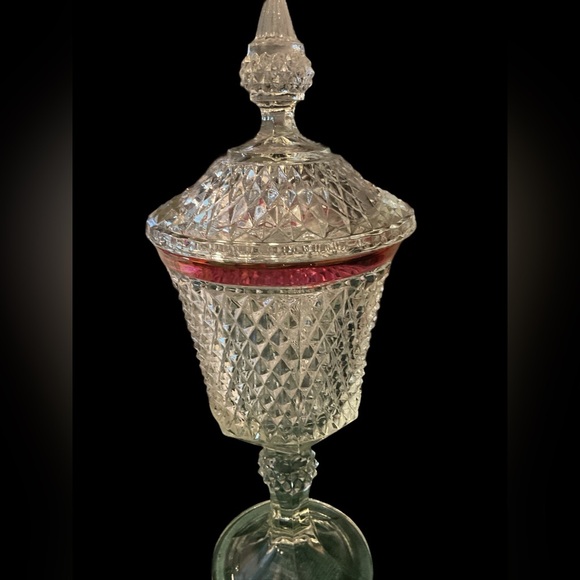 Vintage Indiana Glassware Diamond point Ruby cut Scalloped Footed Candy Dish - Picture 2 of 4